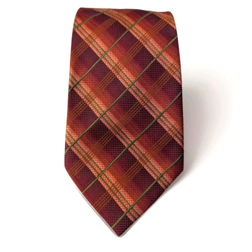 Kenneth Cole Men’s Silk Tie Red Orange Plaid Classic Business Formal